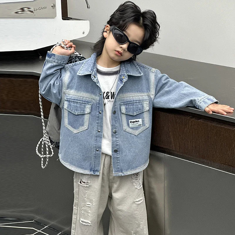 Spring Autumn Fashion Baby Boy Denim Jacket with Front Pocket Infant Child Casual Jeans Coat Outfit Kids Cool Streetwear Clothes