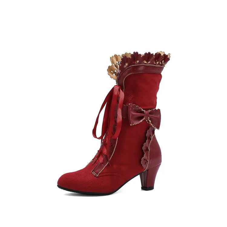 Bow High-heeled Boots Noble Women Shoes Retro Knight Boots Medieval PU Leather Ankle Boot Fashion Lady Cosplay High Heel Boots