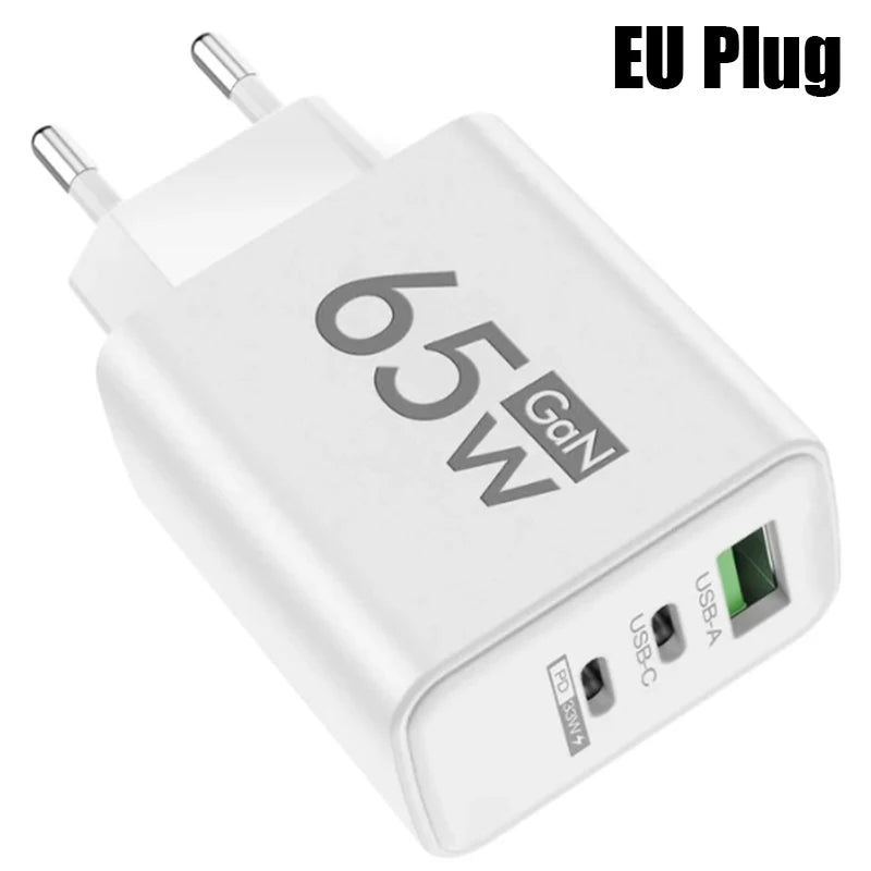 65W 3 Ports GaN USB PD Charger Fast Charging Type C Mobile Phone Adapter Quick Charger 3.0 For iPhone 15 Samsung Xiaomi Huawei