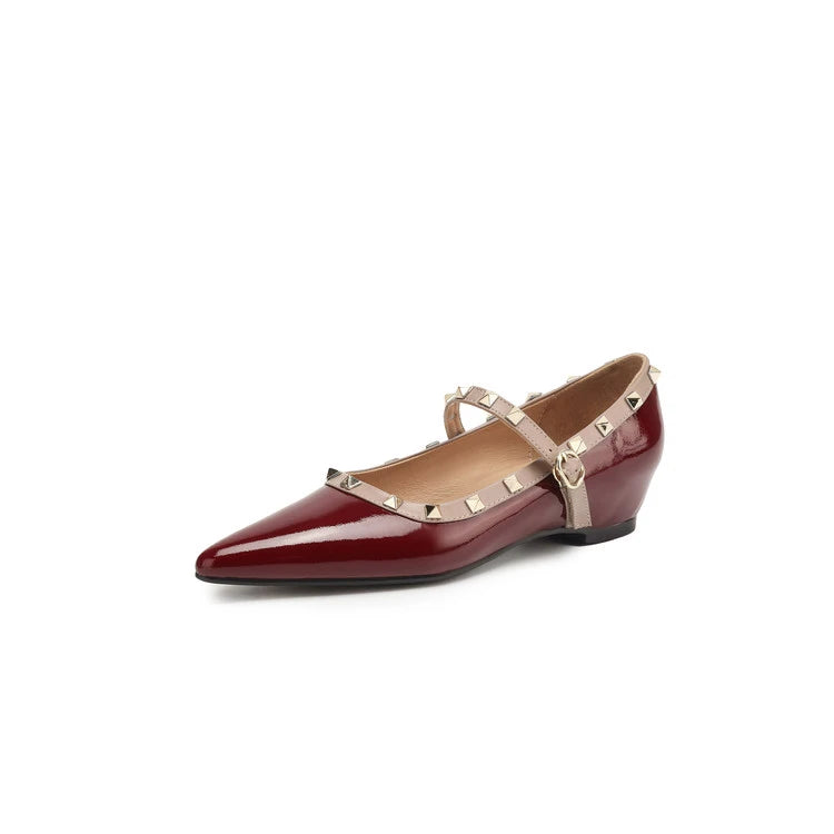 Patent Leather Mary Jane Shoes Soft Sole Skinny Pointed Toe Single Shoes One Word Rivet Women's Shoes Wine Red