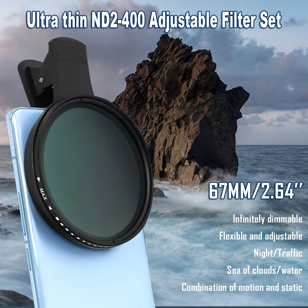 67mm Lens Filter Kit with Mobile Phone Lens Clip Variable ND2-ND400 Filter for iPhone 16 15 14 Pro Max Google Pixel Smart Phones