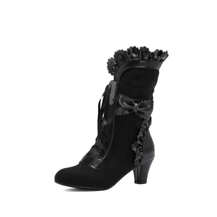 Bow High-heeled Boots Noble Women Shoes Retro Knight Boots Medieval PU Leather Ankle Boot Fashion Lady Cosplay High Heel Boots