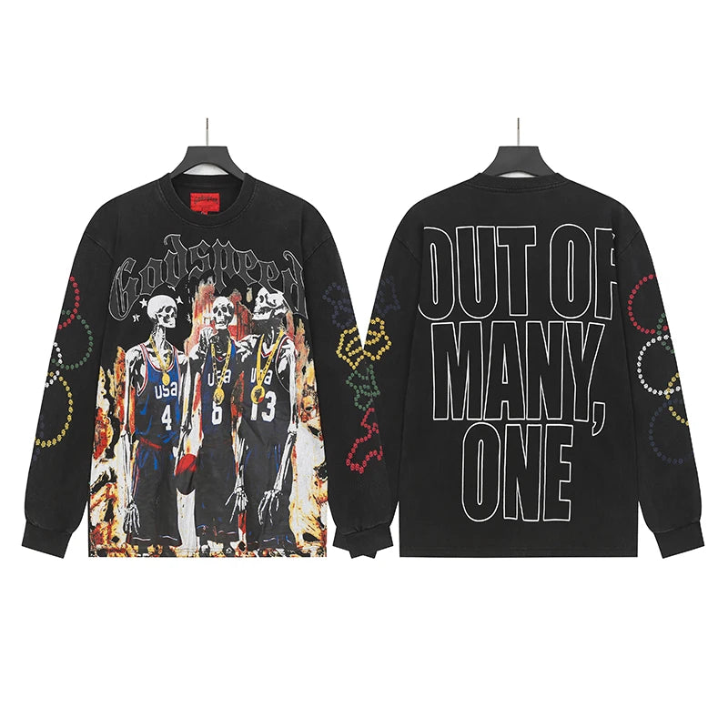American Streetwear Godspeed Long Sleeve Skeleton Racer Print Washed Do Old Loose Casual Long-sleeved Men Women T-Shirt