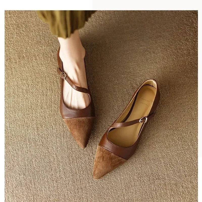 Vintage Brown Pointed Toe Mary Jane Shoes Women's 2025 New Spring Flat Heel Shoes