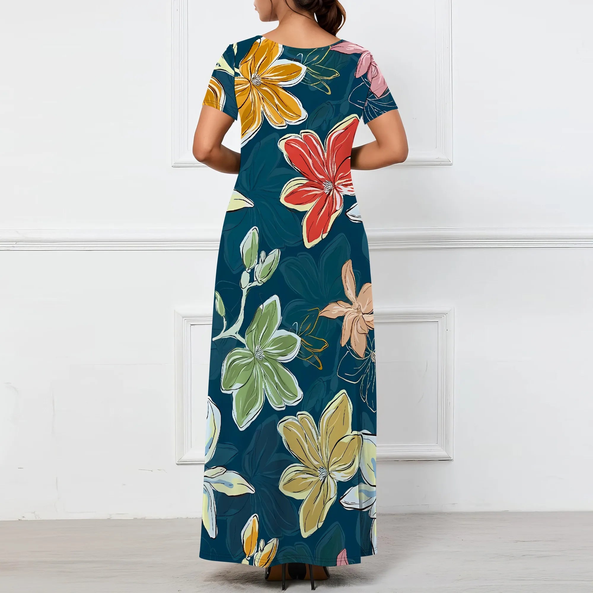 Women's Multicolor Floral Print Maxi Dress Short Sleeve V Neck Long Dress Casual Summer Beach Holiday Wear