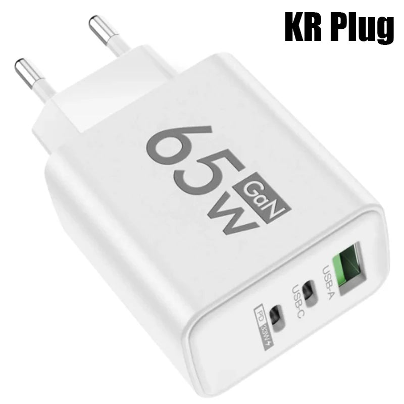 65W 3 Ports GaN USB PD Charger Fast Charging Type C Mobile Phone Adapter Quick Charger 3.0 For iPhone 15 Samsung Xiaomi Huawei