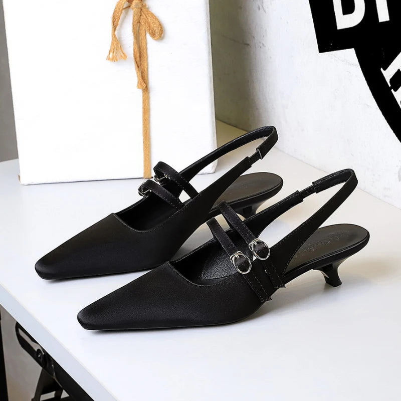 Korean Style Pointed One-Length Strap Back Empty Shoes Comfortable Low Heel Single Shoes Shallow Mouth Wine Glass Heel Silk