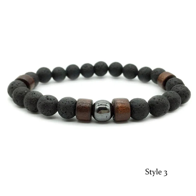 8mm Volcanic Stone Bracelet for Men Lava Wooden Beads Bracelet Tibetan Buddha Male Wrist Chain Jewelry Handmade Elastic Bracelet