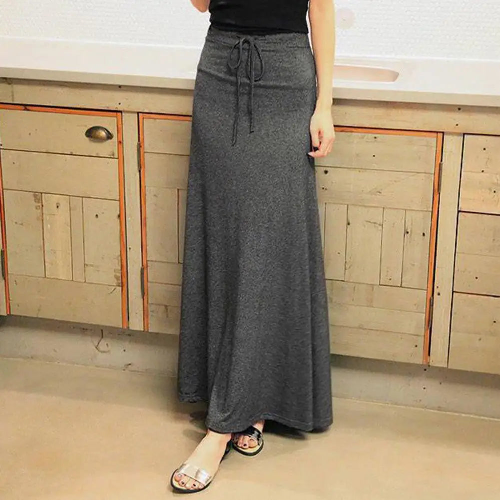 Maxi Skirt forAdjustable Drawstring High Waist Side Slit Large Hem Long Skirt Solid Color A-Line Skirt