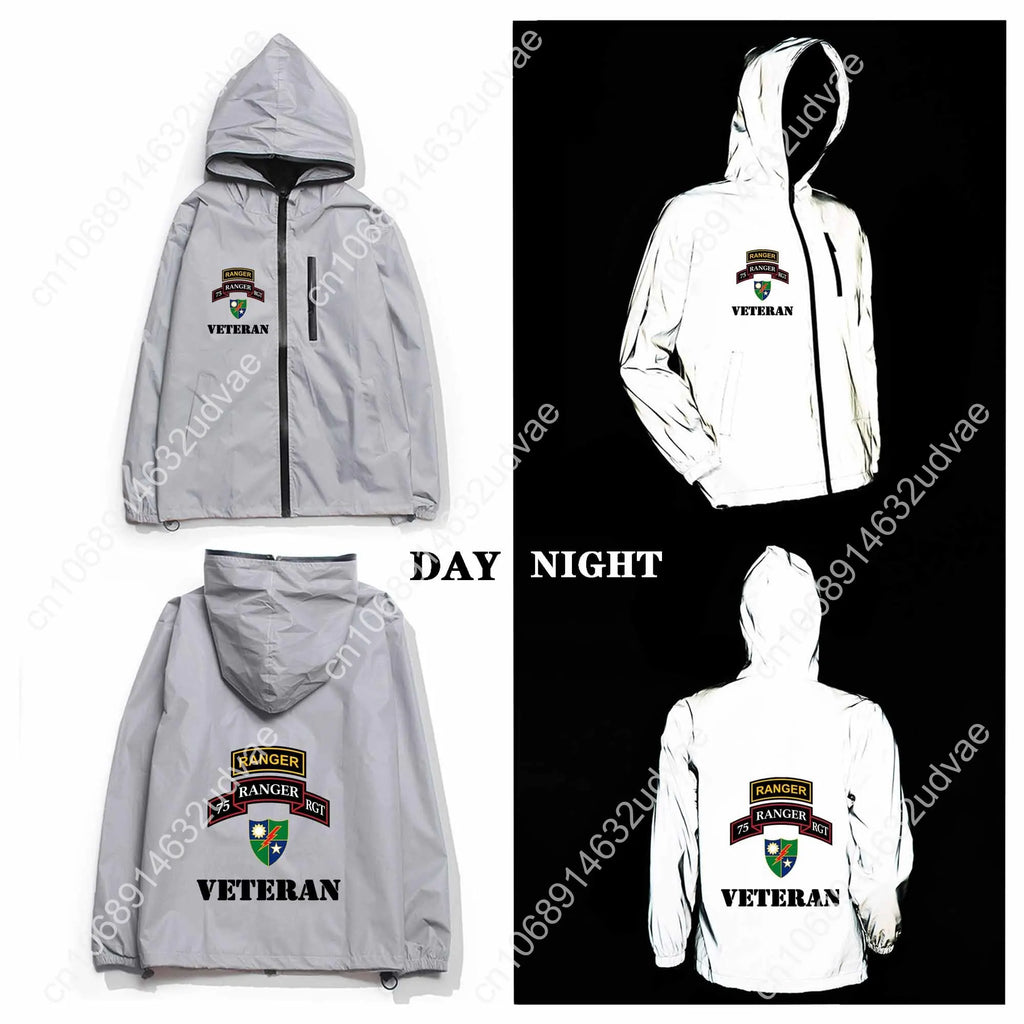 Army 75th Ranger Veteran Reflective Jacket Mens Womens Coat Hooded Windbreaker Runing Pocket Jackets Zipper Customized Hoodie