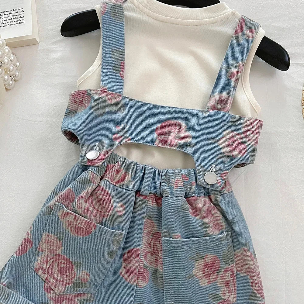 3PCS Summer Floral Girls Denim Tops Overalls Set with Thin Inner T-shirt Outfit for 2-10 Years Children Girls Cool Outfit