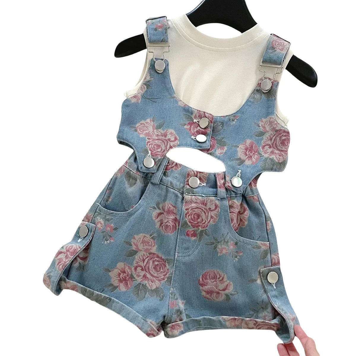 3PCS Summer Floral Girls Denim Tops Overalls Set with Thin Inner T-shirt Outfit for 2-10 Years Children Girls Cool Outfit