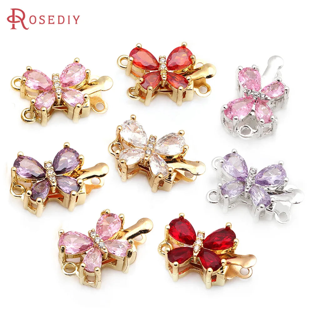 4 Sets 18K Gold Color Brass and Zircon Butterfly 1 Line and 2 Line Necklaces Connect Clasps Diy Jewelry Making Accessories