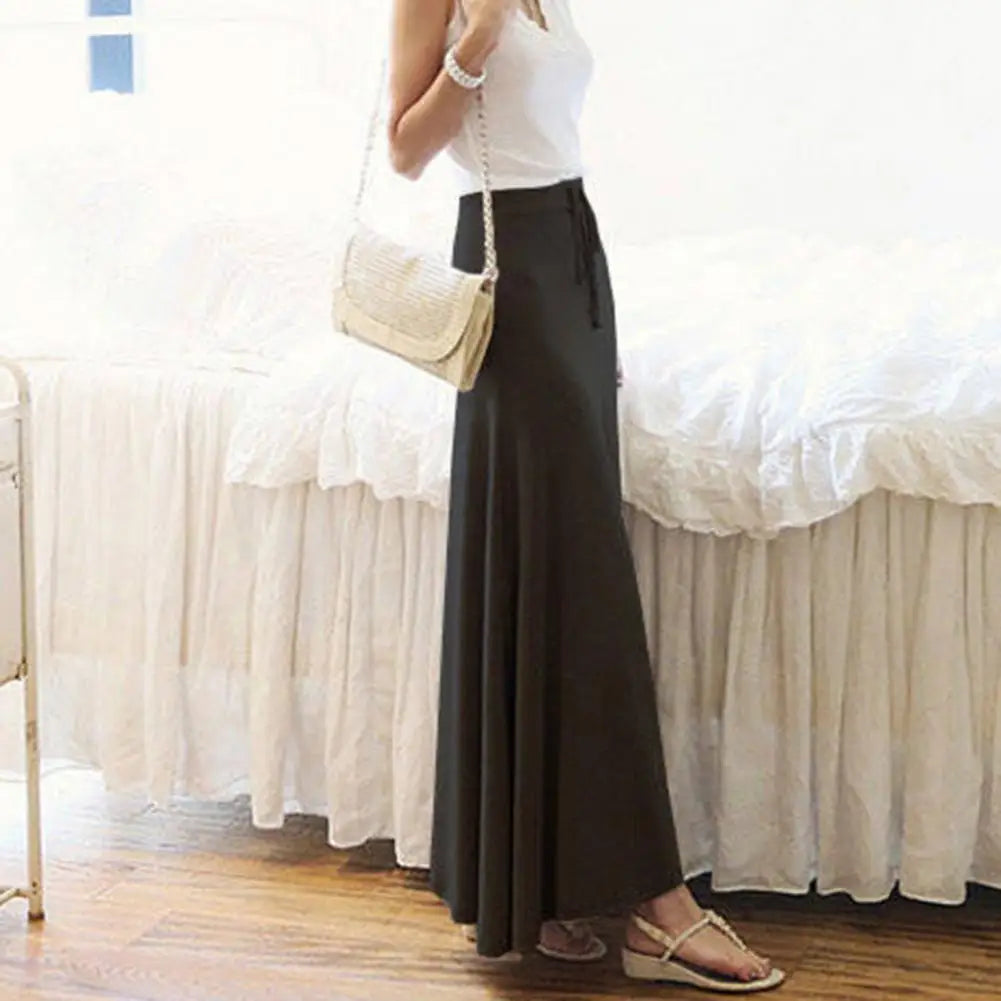 Maxi Skirt forAdjustable Drawstring High Waist Side Slit Large Hem Long Skirt Solid Color A-Line Skirt