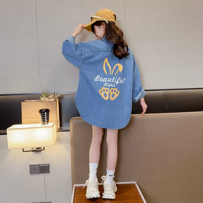 High Fashion Cowgirl Denim Blouses with Rabbit Print for Teenage Girl Loose Casual Long Sleeve Denim Shirt Blouse for Kids Child