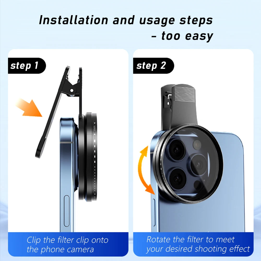 67mm Lens Filter Kit with Mobile Phone Lens Clip Variable ND2-ND400 Filter for iPhone 16 15 14 Pro Max Google Pixel Smart Phones