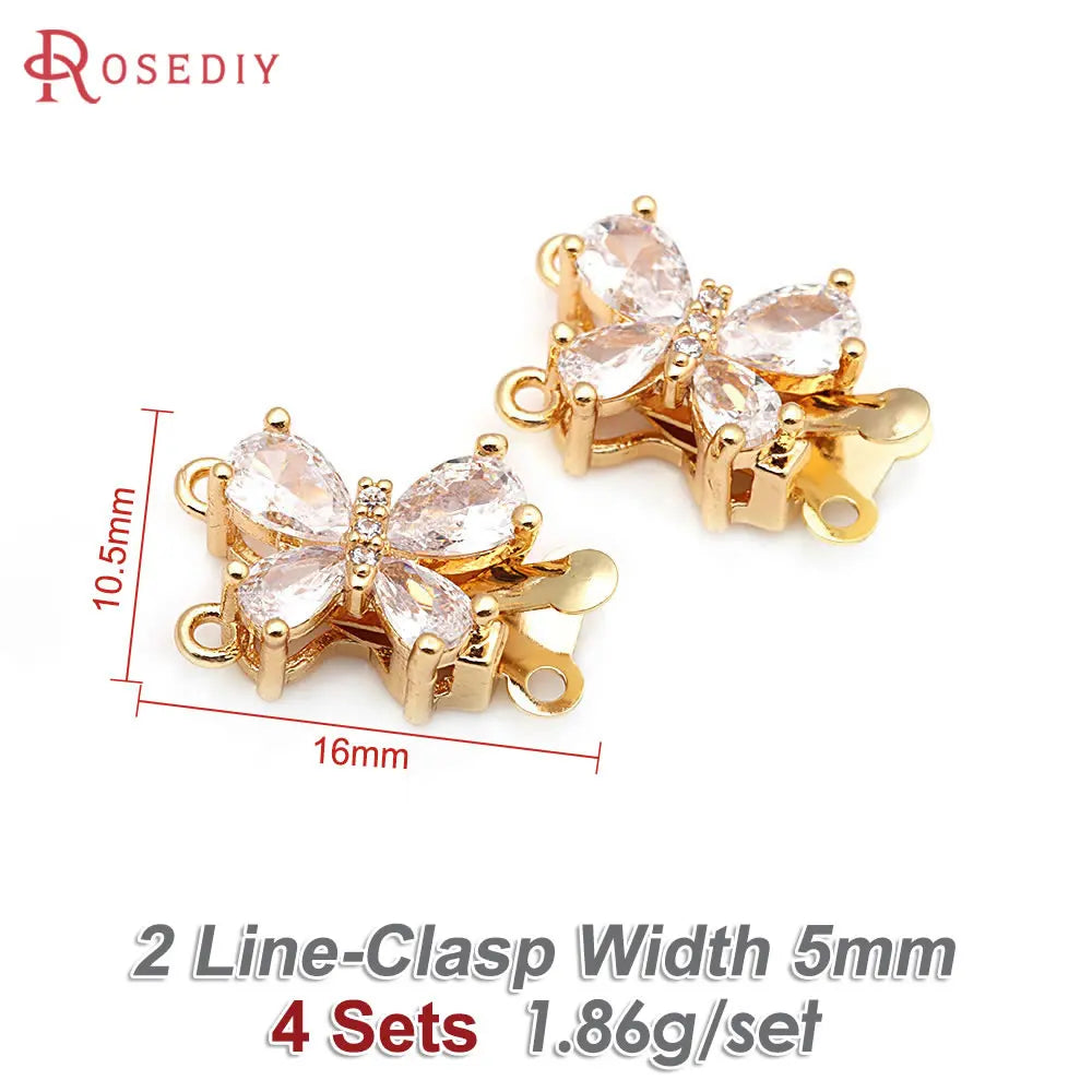 4 Sets 18K Gold Color Brass and Zircon Butterfly 1 Line and 2 Line Necklaces Connect Clasps Diy Jewelry Making Accessories
