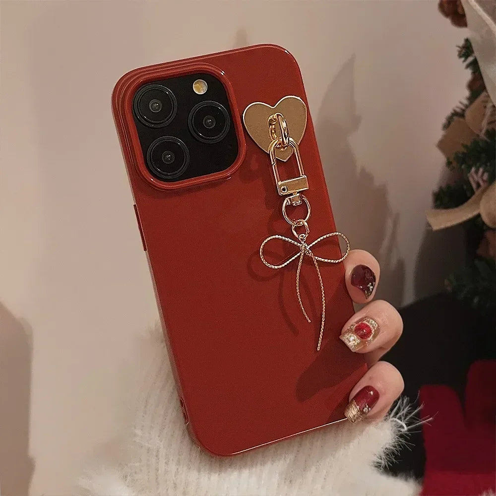 Korean Cute Bow Pendant Chain Red Phone Case For iPhone 16 15 14 13 12 11 Pro Max Xsmax XR X Shockproof Soft Back Cover Coque