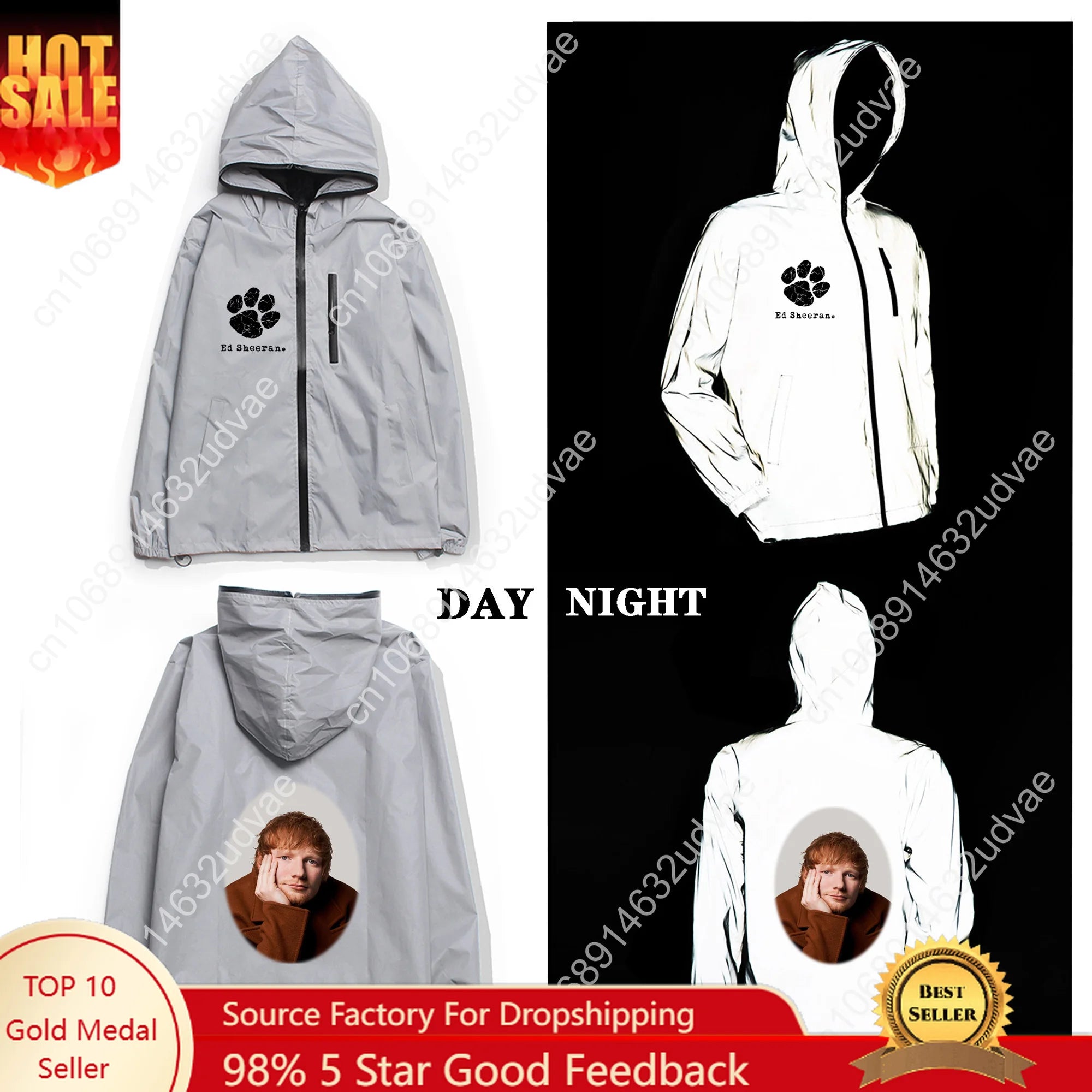 Ed Sheeran Reflective Jacket Mens Womens Coat Hooded Windbreaker Runing Pocket Jackets Cycling Hiking Zipper Customized Hoodie
