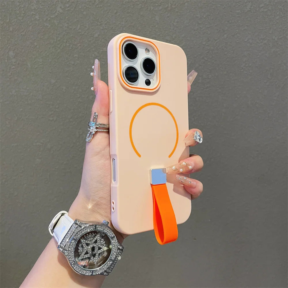 Soft Silicone Strap Magnetic Magsafe Phone Case For iPhone 14 15 16 Pro Max Plus 13 12 11 Wireless Charge Frosted Clashing Cover
