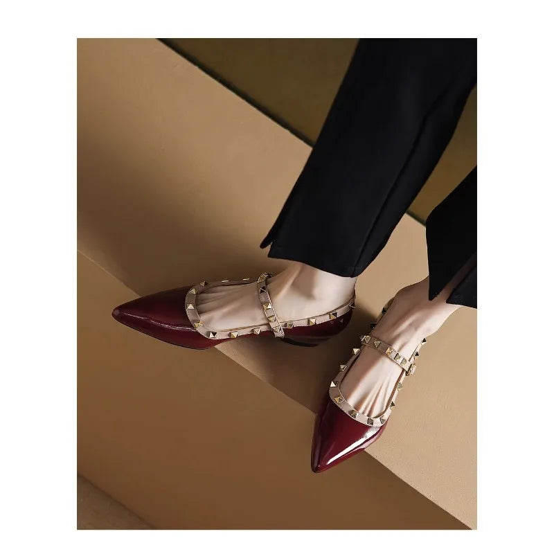 Patent Leather Mary Jane Shoes Soft Sole Skinny Pointed Toe Single Shoes One Word Rivet Women's Shoes Wine Red
