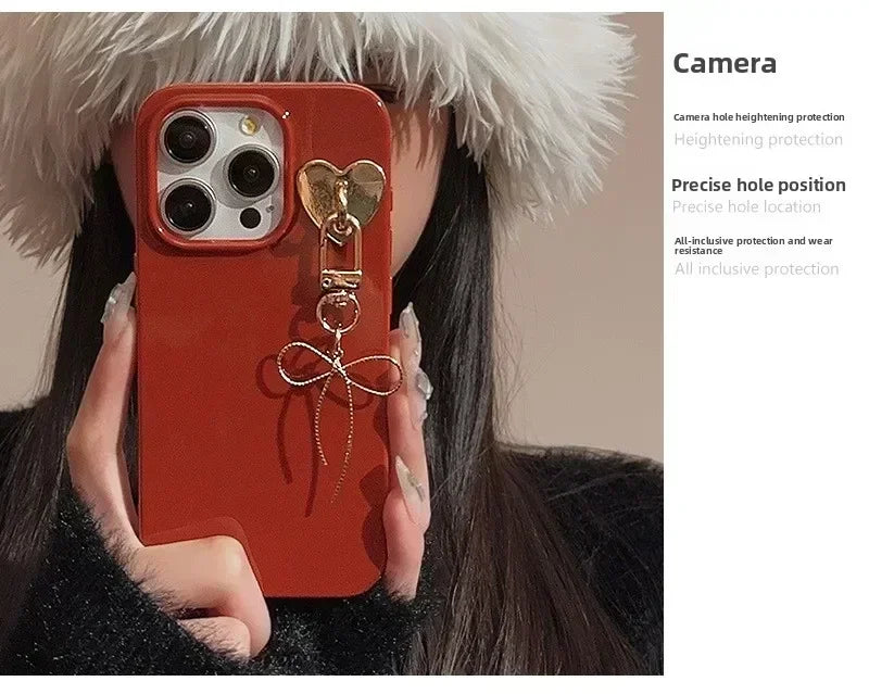 Korean Cute Bow Pendant Chain Red Phone Case For iPhone 16 15 14 13 12 11 Pro Max Xsmax XR X Shockproof Soft Back Cover Coque