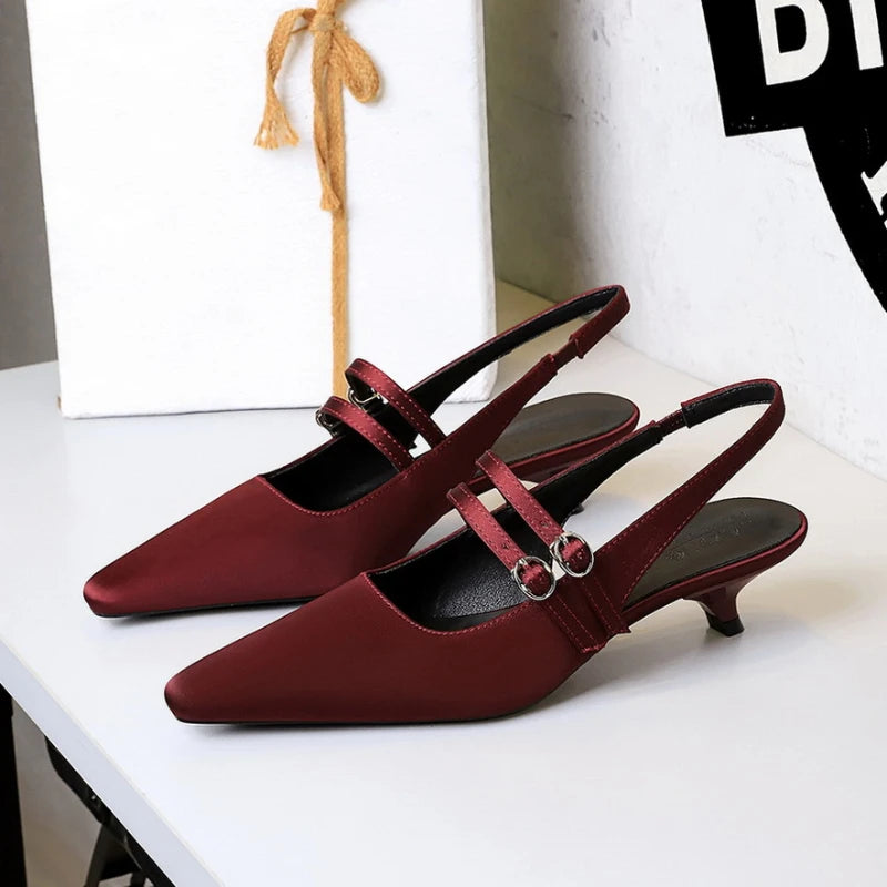 Korean Style Pointed One-Length Strap Back Empty Shoes Comfortable Low Heel Single Shoes Shallow Mouth Wine Glass Heel Silk