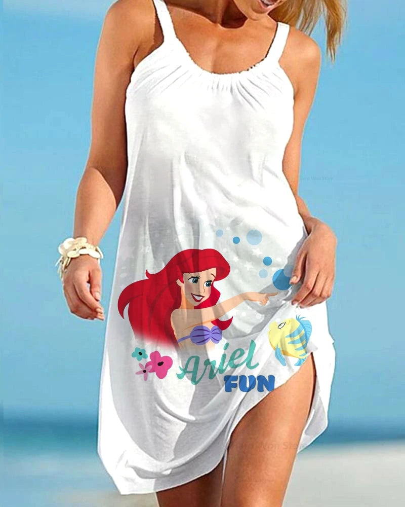 2025 Summer New Disney Mermaid Princess Series Women's Dress Printed Sleeveless Suspender Seaside Holiday Style Casual Dress