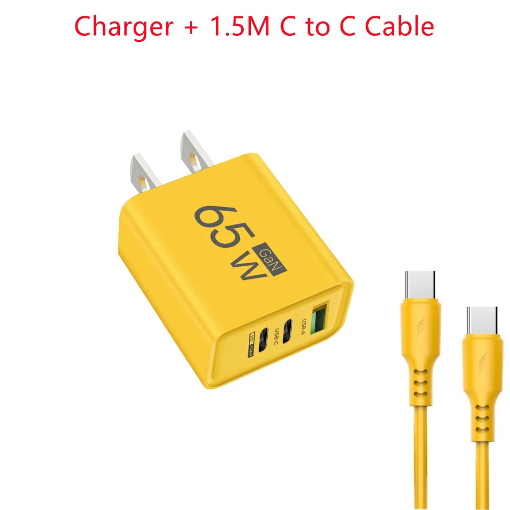 65W 3 Ports GaN USB PD Charger Fast Charging Type C Mobile Phone Adapter Quick Charger 3.0 For iPhone 15 Samsung Xiaomi Huawei