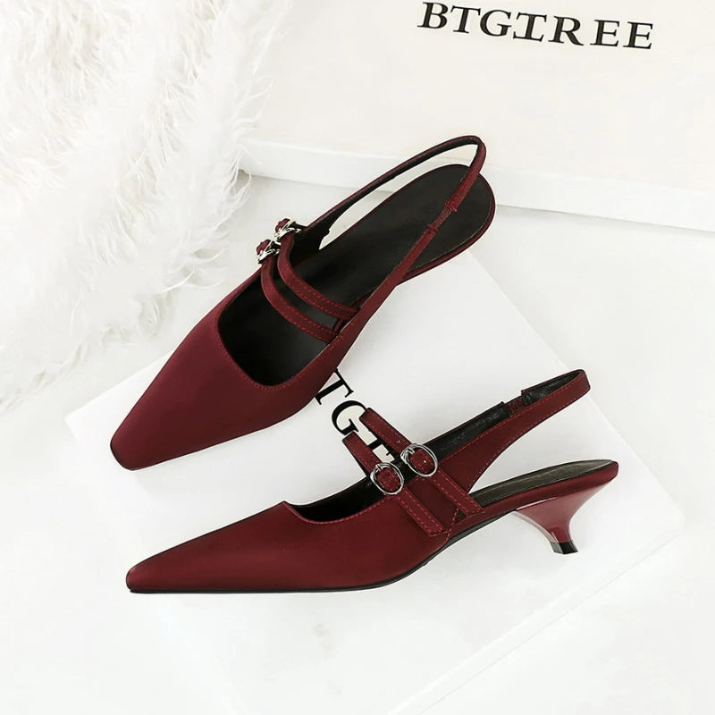 Korean Style Pointed One-Length Strap Back Empty Shoes Comfortable Low Heel Single Shoes Shallow Mouth Wine Glass Heel Silk