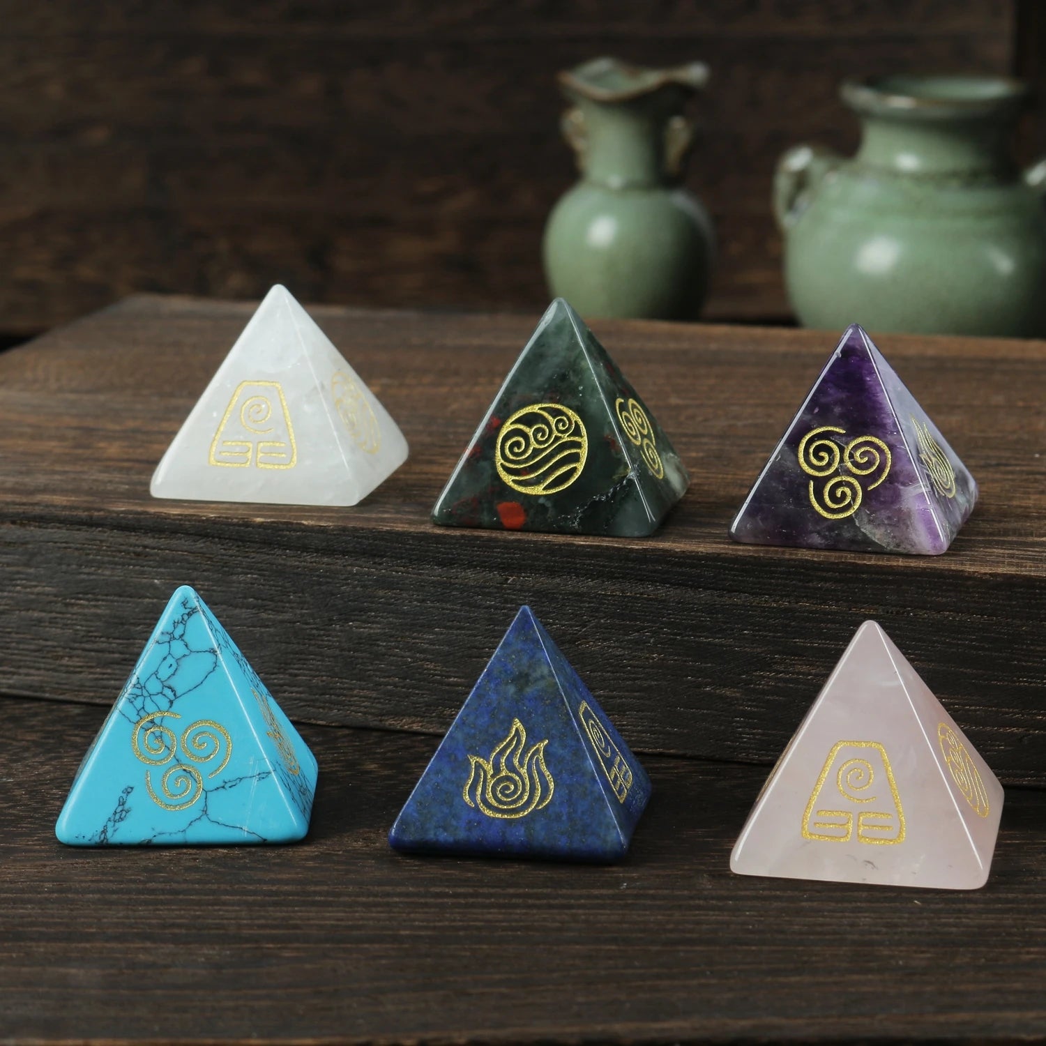 2025 Hot sales Natural Crystal Quartz Amethyst Gem Pyramid Four Element Air Water Fire Earth Symbol Energy Jewelry Healing Stone