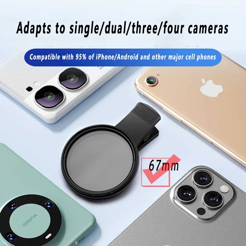 67mm Clip-on ND2-400 Phone Camera Lens Filter Kit Adjustable Neutral Density Filter for iPhone 16 15 14 13 12 11 Android Phone