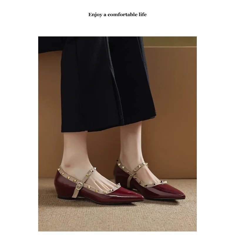 Patent Leather Mary Jane Shoes Soft Sole Skinny Pointed Toe Single Shoes One Word Rivet Women's Shoes Wine Red