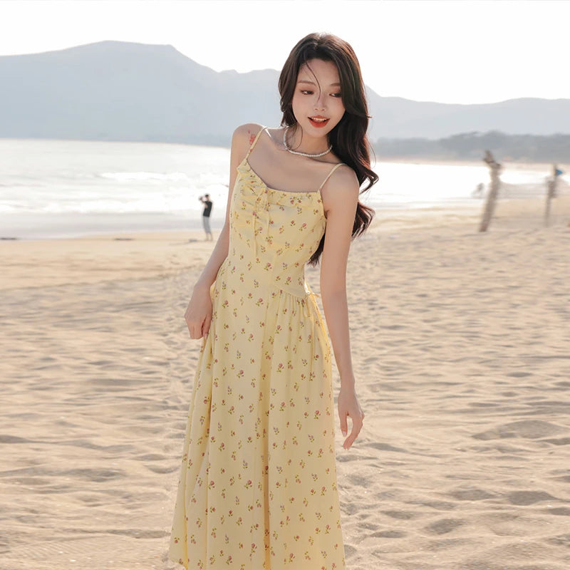 Holiday Floral Printed Spaghetti Strap Sleeveless Women Summer Beach Boho Dress