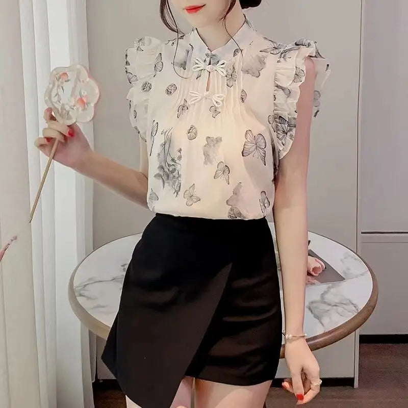 Chinese Style Top for Women Retro Style Small Flying Sleeve Chiffon Floral Shirt Summer Top