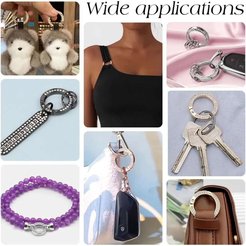 12pcs Metal Rhinestone Spring O Rings Alloy Spring Gate Ring with Rhinestone Rings Round Keychain Buckle Gate Rings 25mm